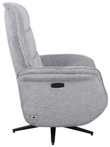 Seitenansicht eines grauen, drehbaren Relaxsessels mit schwarzem Standfuß.