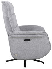Seitenansicht eines grauen, drehbaren Relaxsessels mit schwarzem Standfuß.