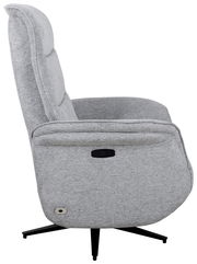 Seitenansicht eines grauen, drehbaren Relaxsessels mit schwarzem Standfuß.