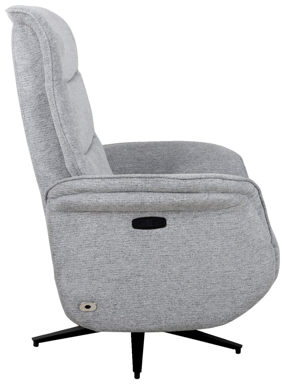 Seitenansicht eines grauen, drehbaren Relaxsessels mit schwarzem Standfuß.