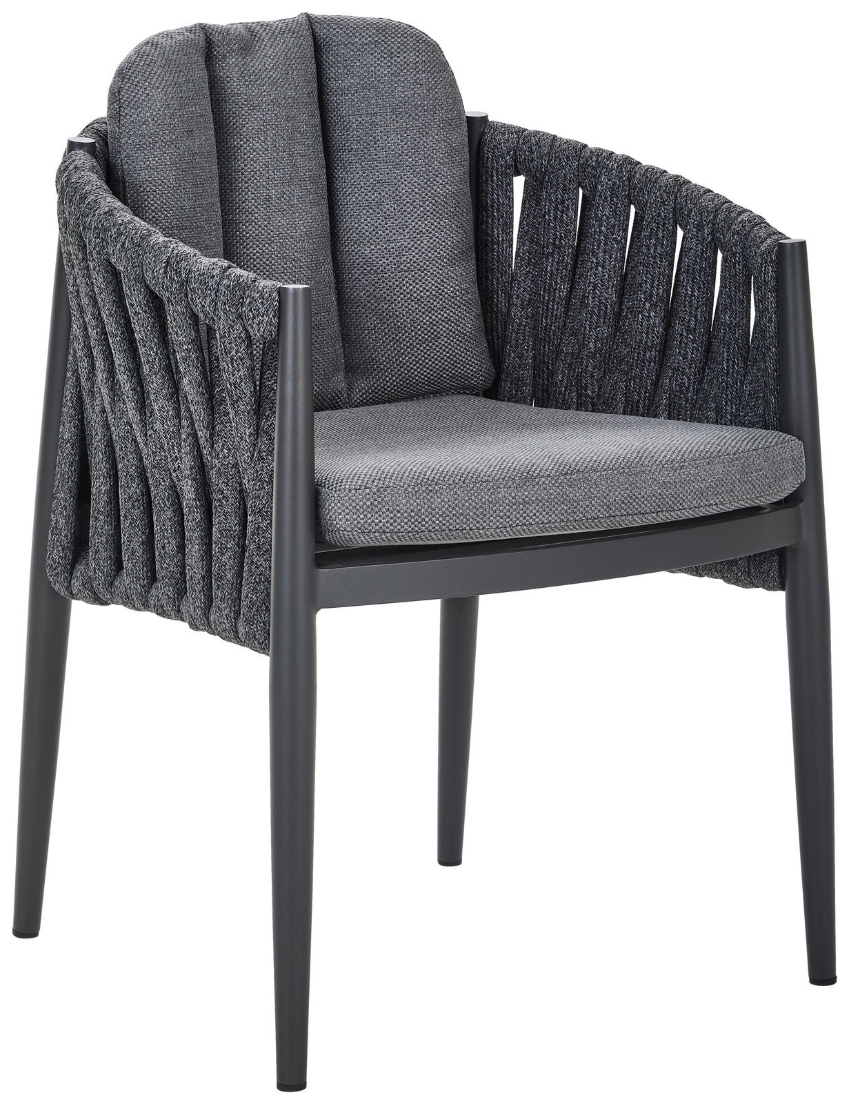 Moderner Gartensessel mit grauem Geflecht und gepolstertem Sitz, seitliche Perspektive