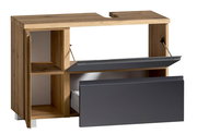 Waschbeckenunterschrank aus Holz mit grauen Fronten, offene Schubladen, seitliche Perspektive