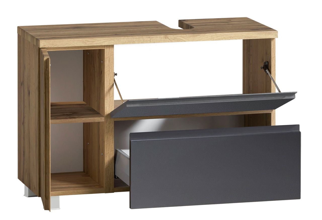 Waschbeckenunterschrank aus Holz mit grauen Fronten, offene Schubladen, seitliche Perspektive