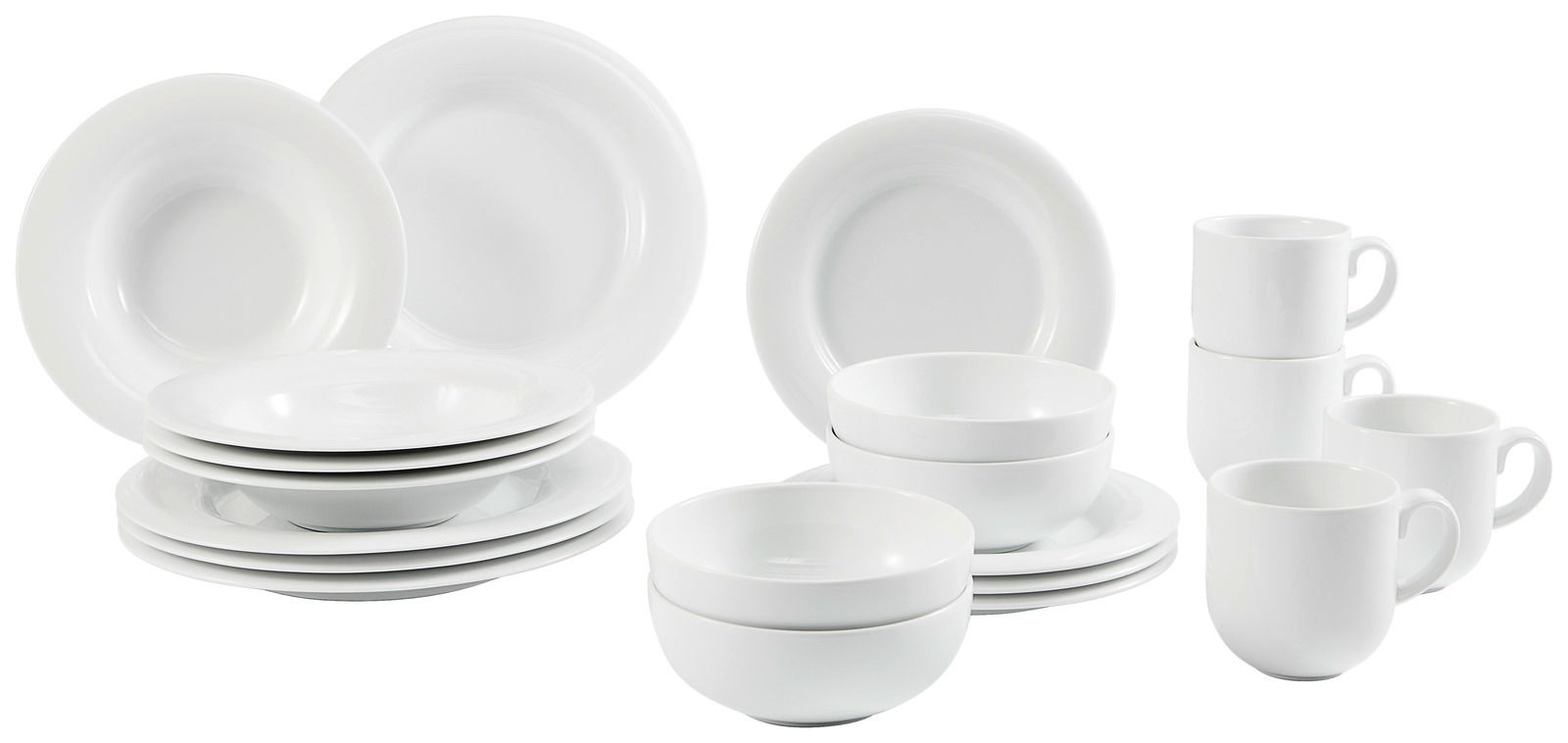 Weißes Kombiservice 20-teilig, bestehend aus Tellern, Schalen und Tassen, aus seitlicher Perspektive fotografiert.