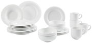 Weißes Kombiservice 20-teilig, bestehend aus Tellern, Schalen und Tassen, aus seitlicher Perspektive fotografiert.