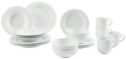 Weißes Kombiservice 20-teilig, bestehend aus Tellern, Schalen und Tassen, aus seitlicher Perspektive fotografiert.