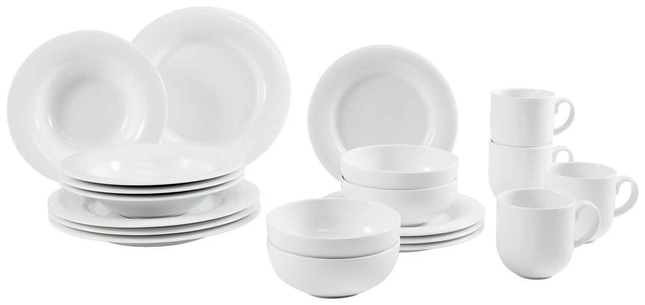 Weißes Kombiservice 20-teilig, bestehend aus Tellern, Schalen und Tassen, aus seitlicher Perspektive fotografiert.