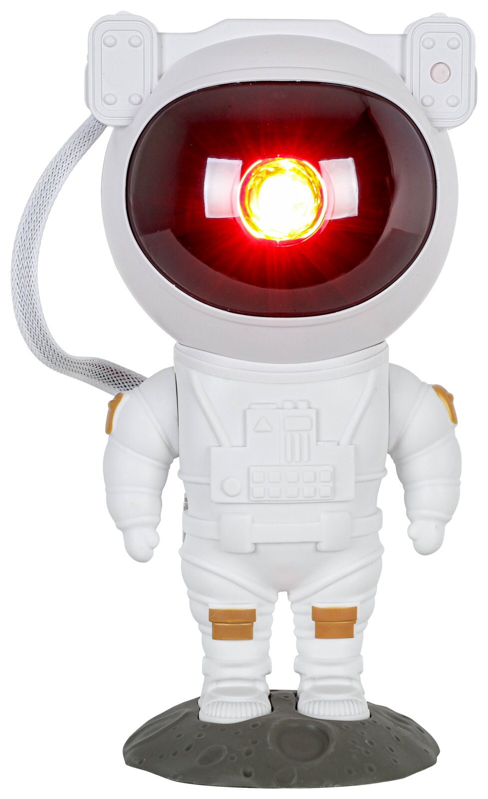 Vorderansicht einer LED-Dekoleuchte in Form eines Astronauten mit leuchtendem Visier, stehend auf einer grauen Basis.