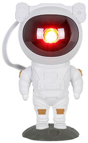 Vorderansicht einer LED-Dekoleuchte in Form eines Astronauten mit leuchtendem Visier, stehend auf einer grauen Basis.