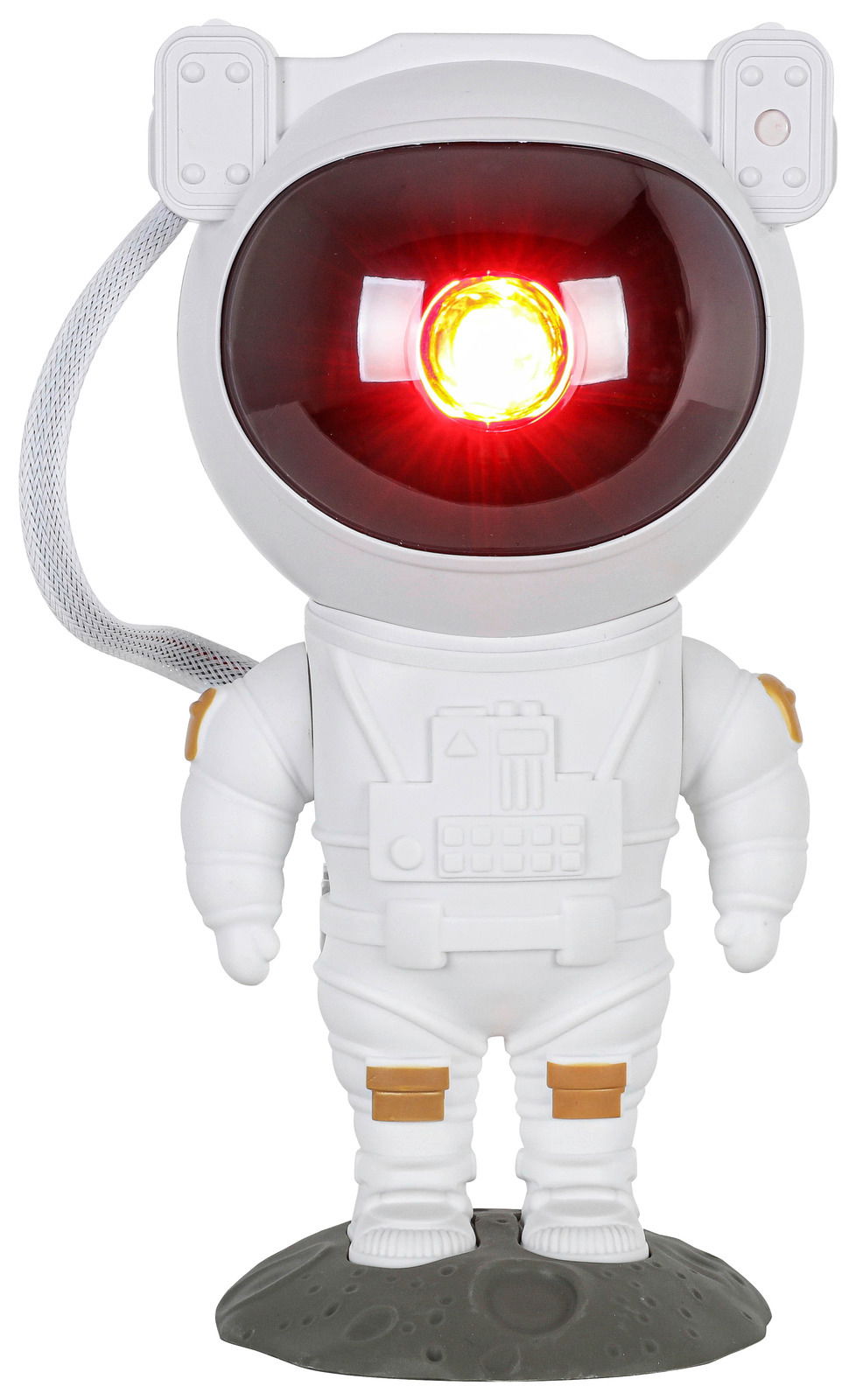Vorderansicht einer LED-Dekoleuchte in Form eines Astronauten mit leuchtendem Visier, stehend auf einer grauen Basis.