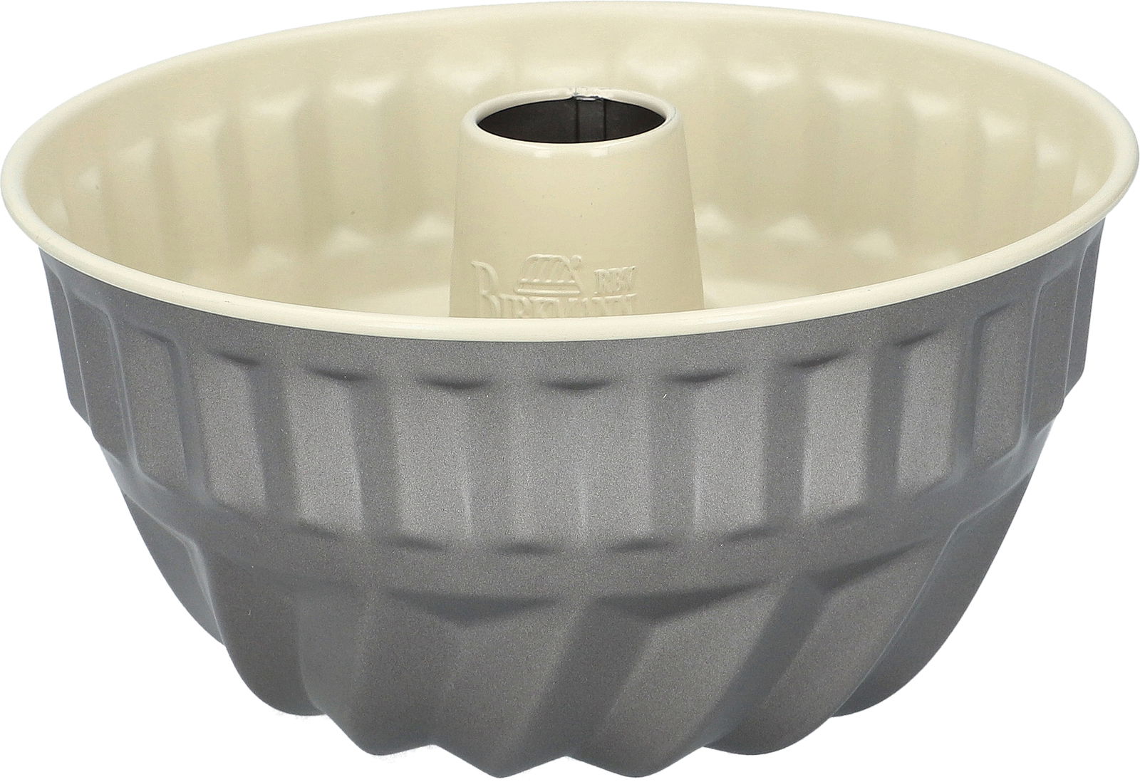 Gugelhupfform aus Metall in Grau und Creme, seitliche Perspektive