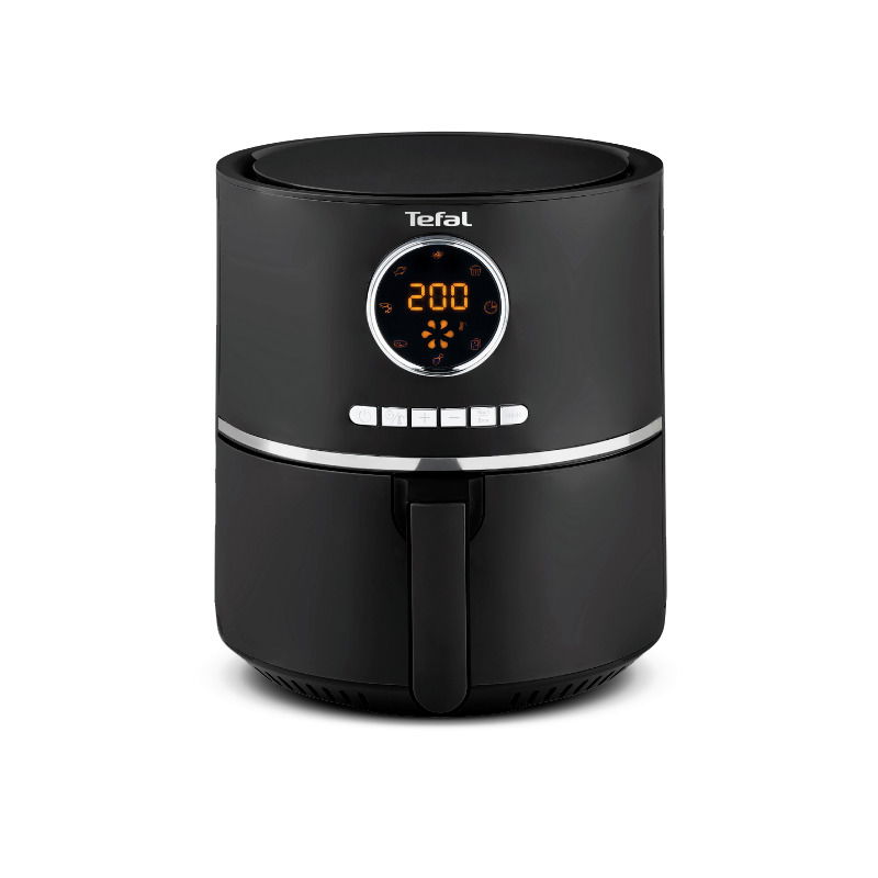 Schwarze Heißluftfritteuse EasyFry Ultra von vorne mit digitalem Display und Bedienknöpfen.