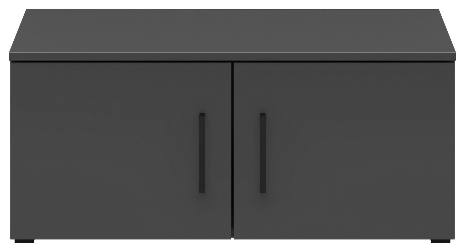 Schwarzer Aufsatzschrank mit zwei Türen und schwarzen Griffen, frontale Ansicht.