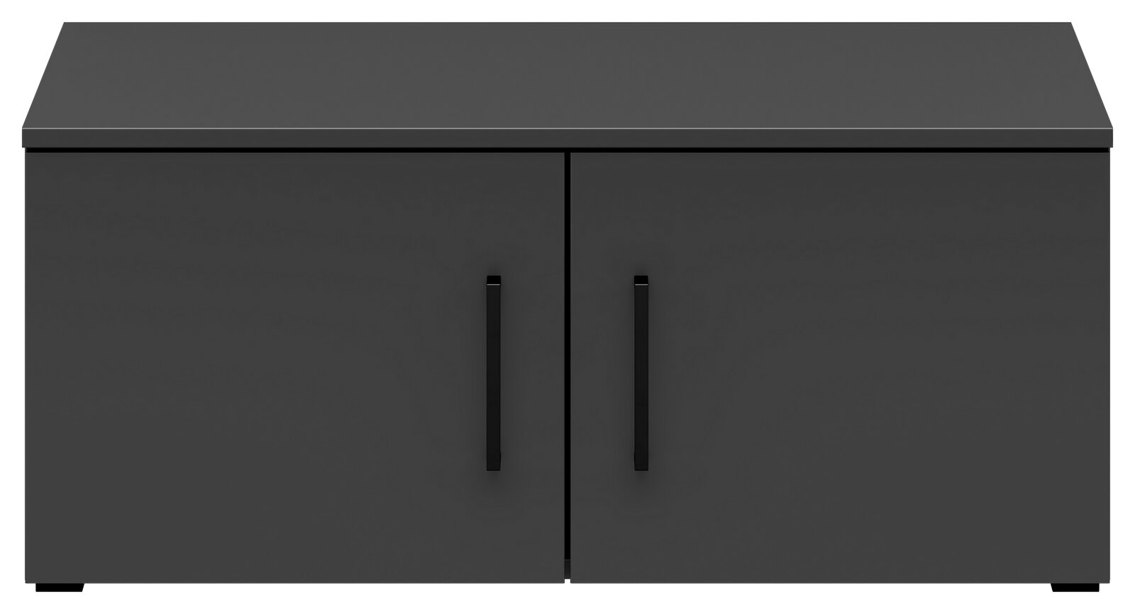 Schwarzer Aufsatzschrank mit zwei Türen und schwarzen Griffen, frontale Ansicht.