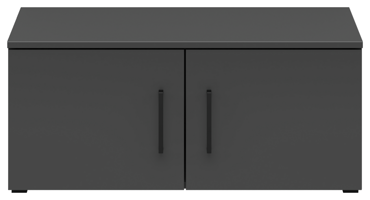 Schwarzer Aufsatzschrank mit zwei Türen und schwarzen Griffen, frontale Ansicht.