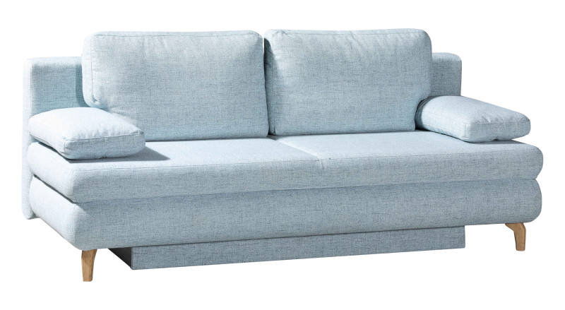 Hellblaues Querschläfer-Sofa mit Holzfüßen, seitliche Perspektive