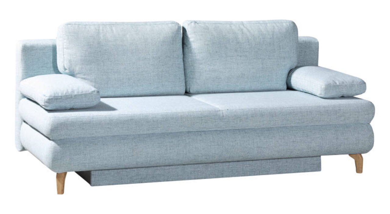 Hellblaues Querschläfer-Sofa mit Holzfüßen, seitliche Perspektive