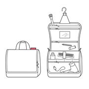 Geöffnete und geschlossene Ansicht einer großen Kulturtasche mit Haken zum Aufhängen, mehreren Fächern und Reißverschlüssen, ideal für Reisen.