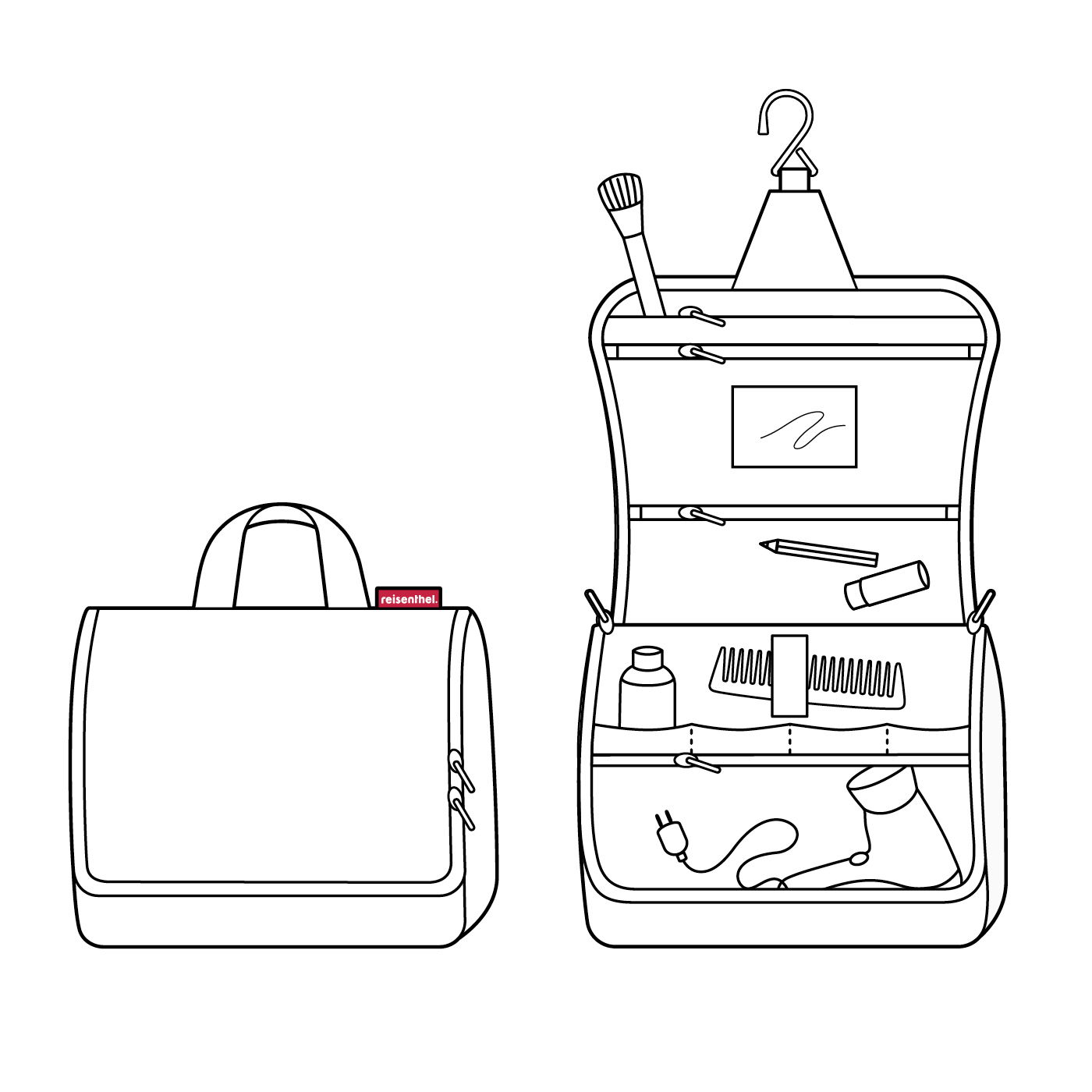 Geöffnete und geschlossene Ansicht einer großen Kulturtasche mit Haken zum Aufhängen, mehreren Fächern und Reißverschlüssen, ideal für Reisen.