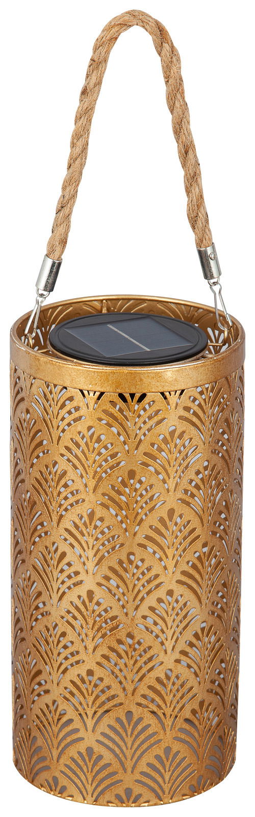 Goldene Solarleuchte mit dekorativem Muster und Seilgriff, Ansicht von vorne