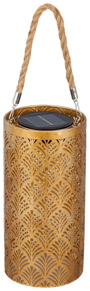 Gouden zonne-lamp met decoratief patroon en touwhandvat, vooraanzicht