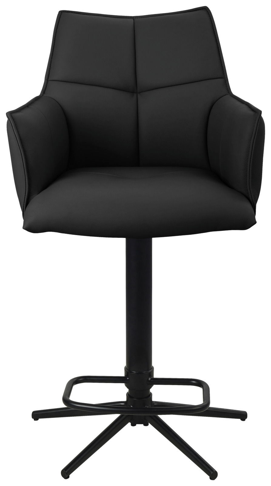 Schwarzer Barstuhl mit Armlehnen und gepolsterter Rückenlehne, Vorderansicht