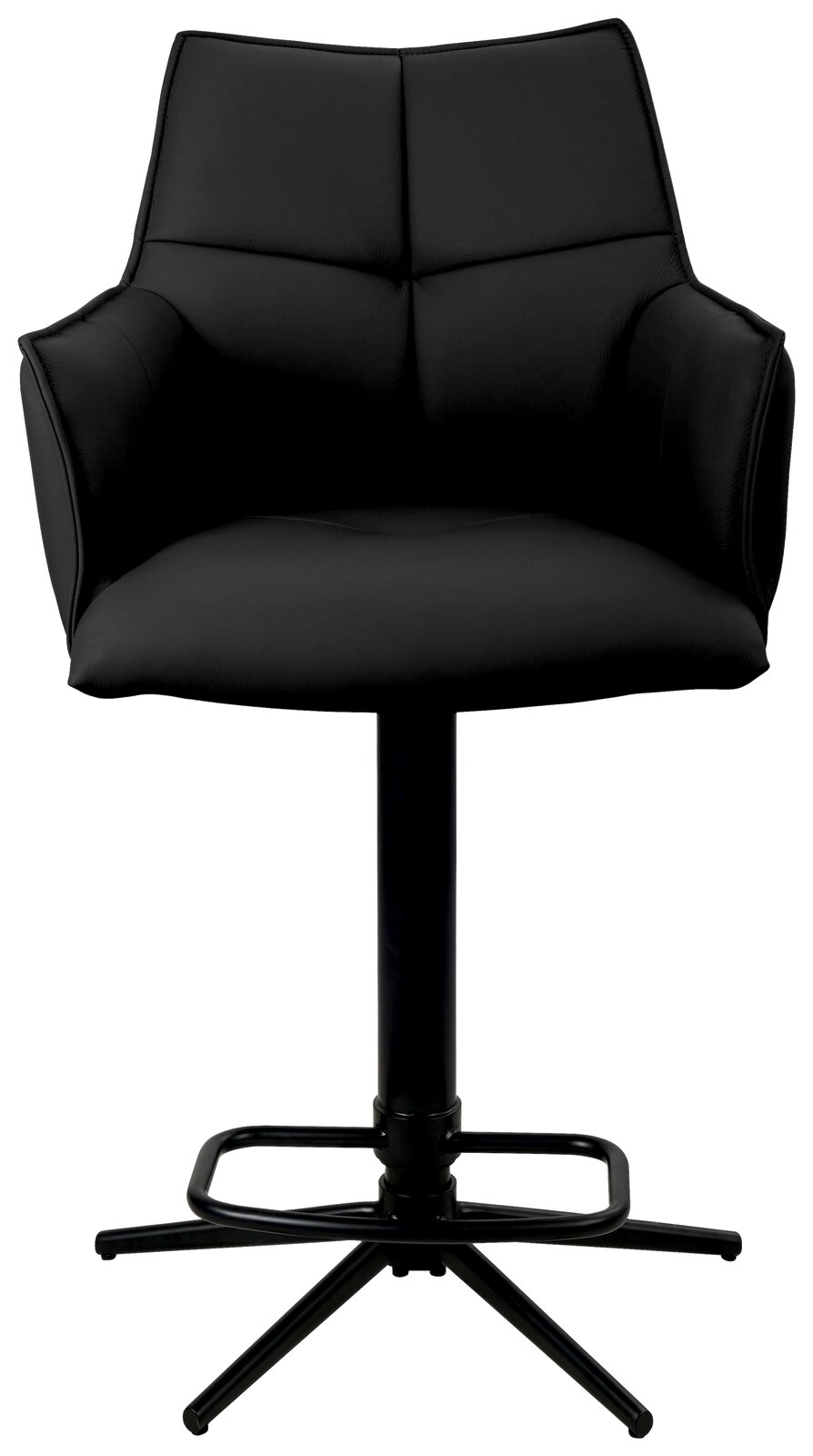 Schwarzer Barstuhl mit Armlehnen und gepolsterter Rückenlehne, Vorderansicht