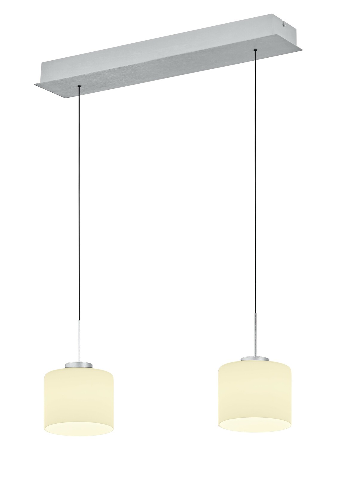 Hell LED-Pendelleuchte ABBY Zweiflammige LED-Pendelleuchte mit zylindrischen, cremefarbenen Lampenschirmen, von unten betrachtet.