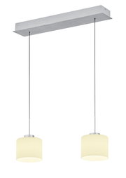 Zweiflammige LED-Pendelleuchte mit zylindrischen, cremefarbenen Lampenschirmen, von unten betrachtet.