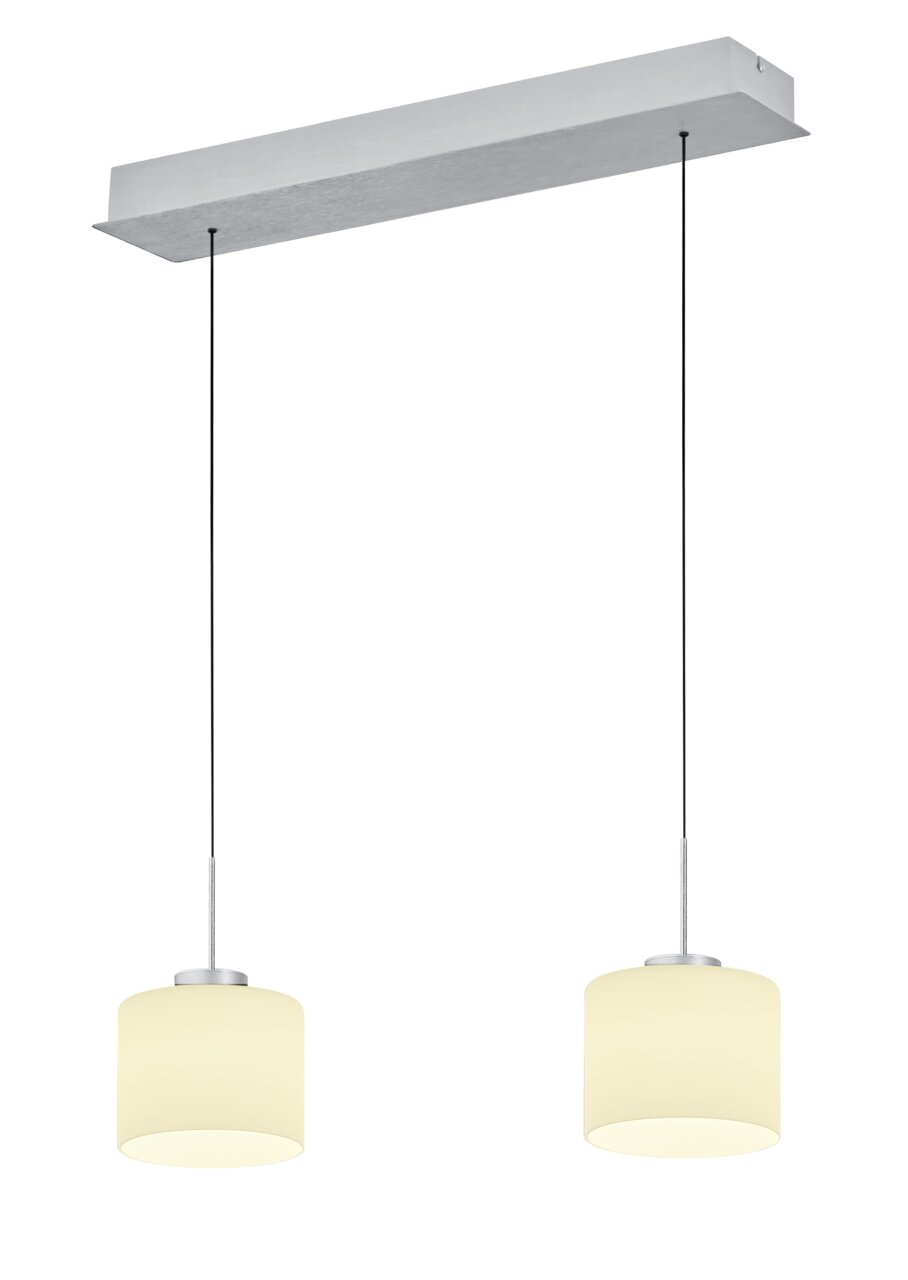 Hell LED-Pendelleuchte ABBY Zweiflammige LED-Pendelleuchte mit zylindrischen, cremefarbenen Lampenschirmen, von unten betrachtet.