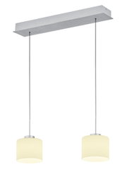 Zweiflammige LED-Pendelleuchte mit zylindrischen, cremefarbenen Lampenschirmen, von unten betrachtet.