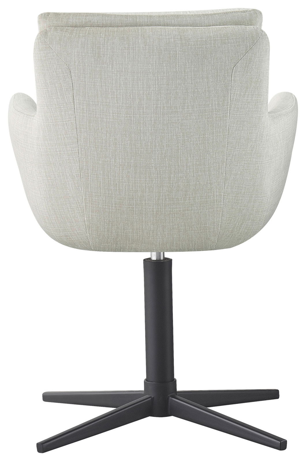 Rückansicht eines grauen Armlehnstuhls mit schwarzem Drehfuß