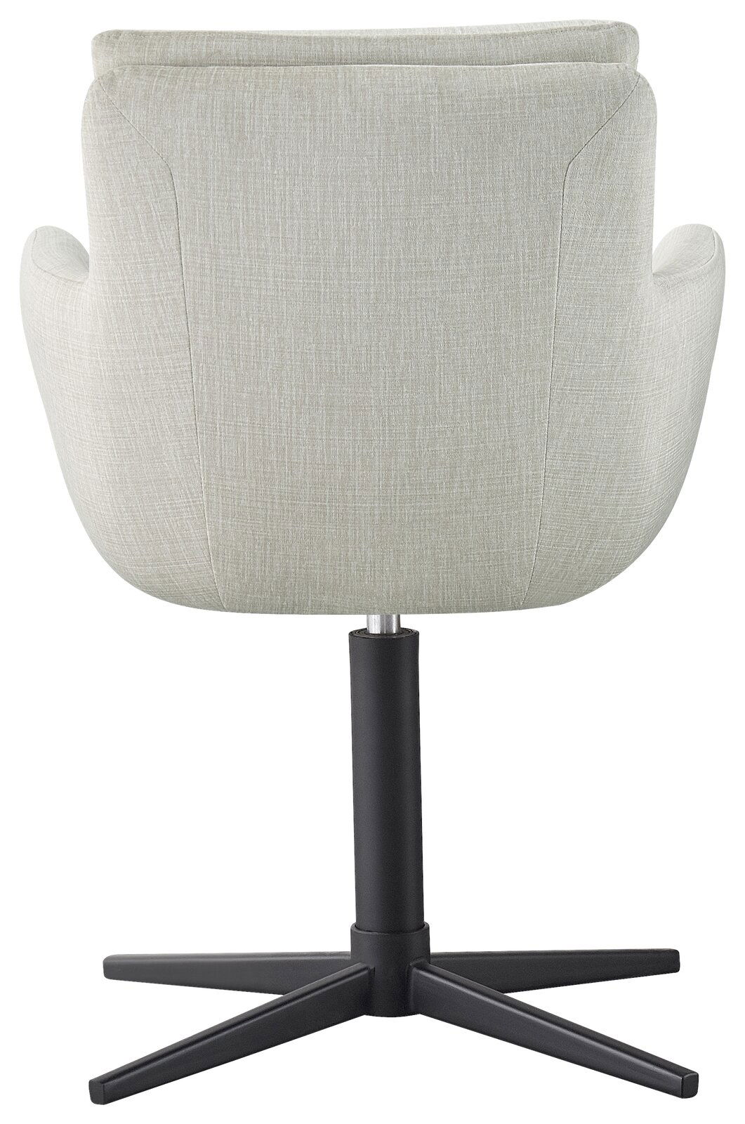 Rückansicht eines grauen Armlehnstuhls mit schwarzem Drehfuß