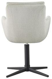 Rückansicht eines grauen Armlehnstuhls mit schwarzem Drehfuß