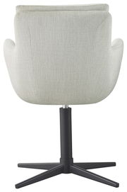 Rückansicht eines grauen Armlehnstuhls mit schwarzem Drehfuß