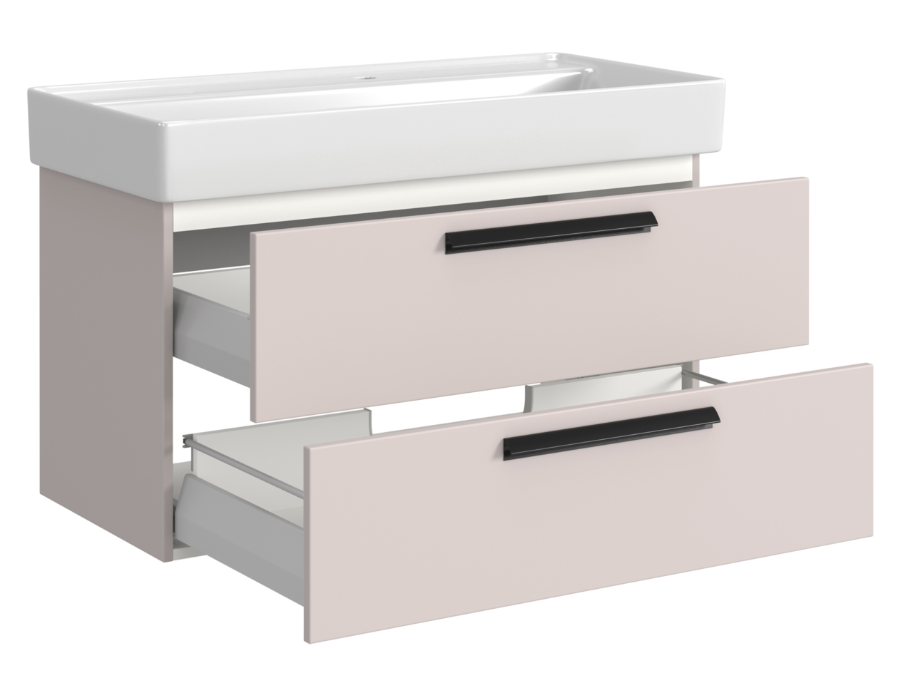 Waschtisch-Set mit zwei offenen Schubladen, seitliche Perspektive