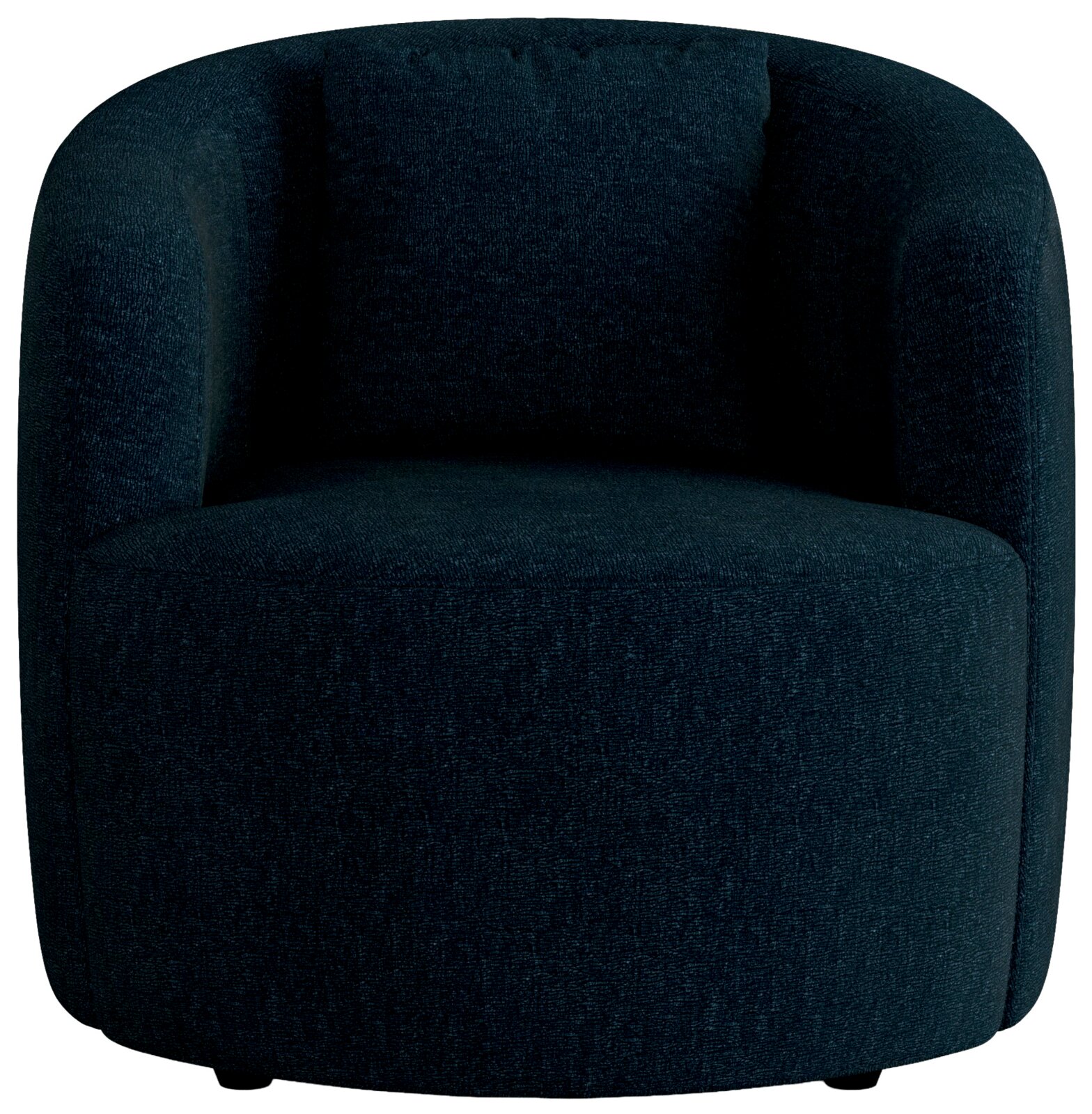 Moderne, donkerblauwe fauteuil met ronde vorm, van voren gefotografeerd.