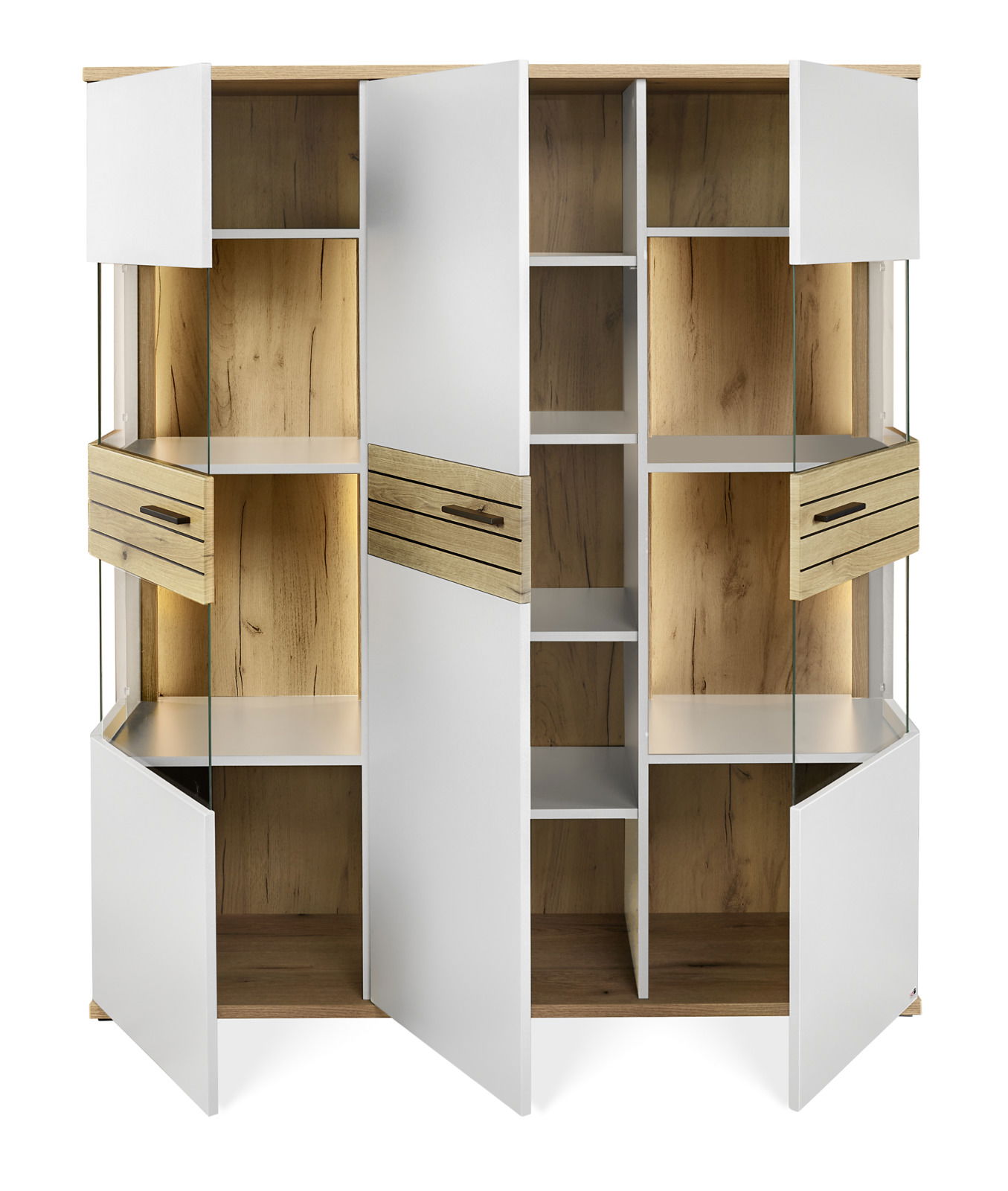 Set one by Musterring Highboard SET ONE QUINCY Offenes Highboard mit weißen Türen und Holzelementen, frontal betrachtet.