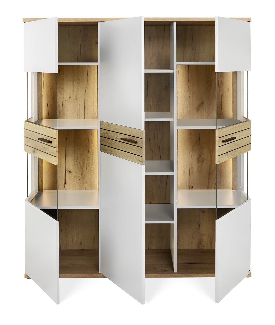 Offenes Highboard mit weißen Türen und Holzelementen, frontal betrachtet.