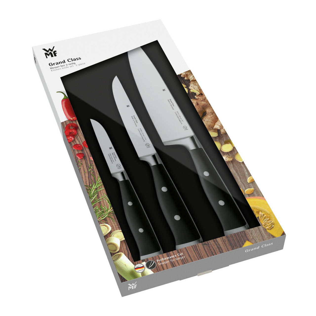 Dreiteiliges Messer-Set Grand Class in einer Verpackung, Perspektive von oben.