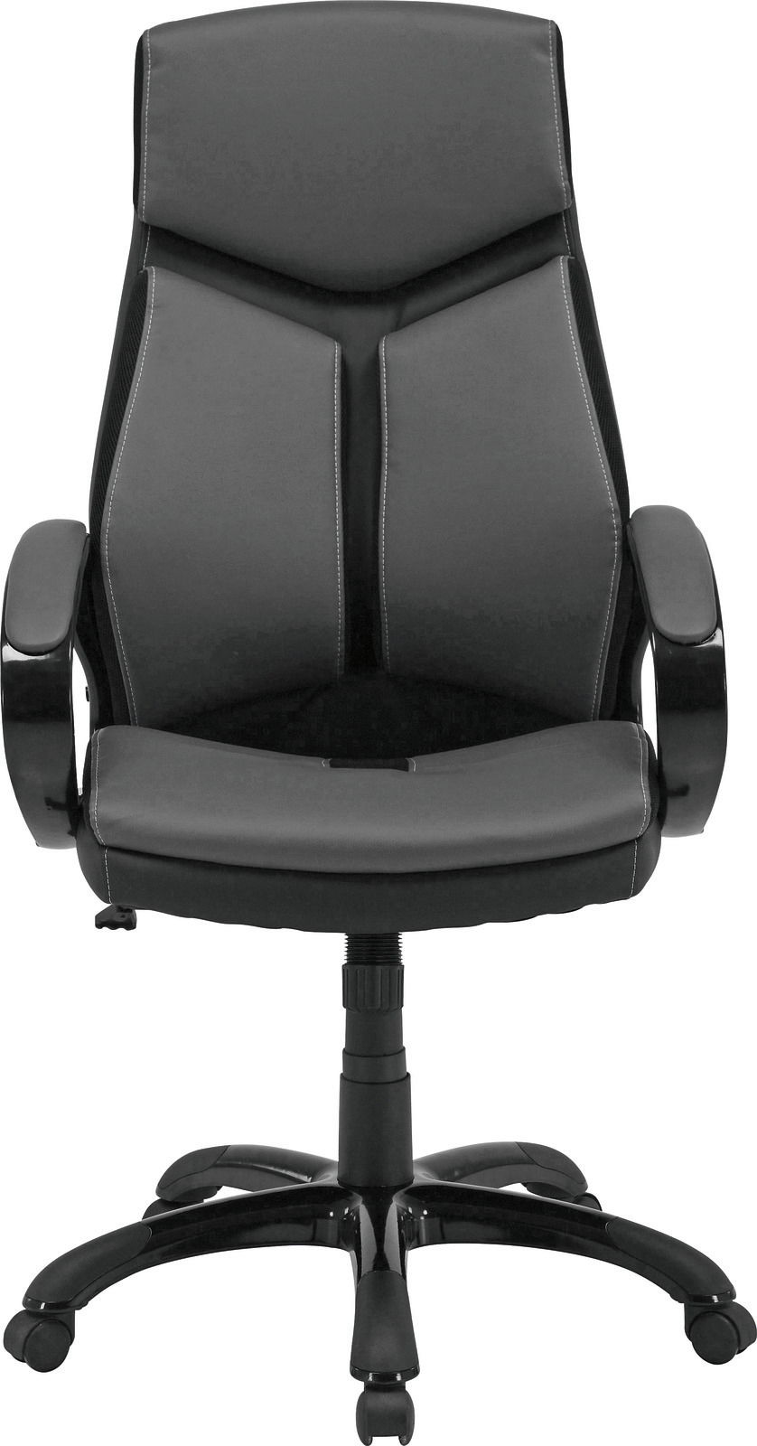 Schwarzer Chefsessel mit hoher Rückenlehne und Armlehnen, Vorderansicht