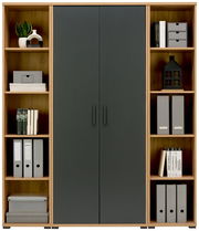 Bürokombination mit zwei großen, dunklen Türen in der Mitte und offenen Regalen an den Seiten, gefüllt mit Ordnern, Büchern und Dekorationsgegenständen, frontal betrachtet.