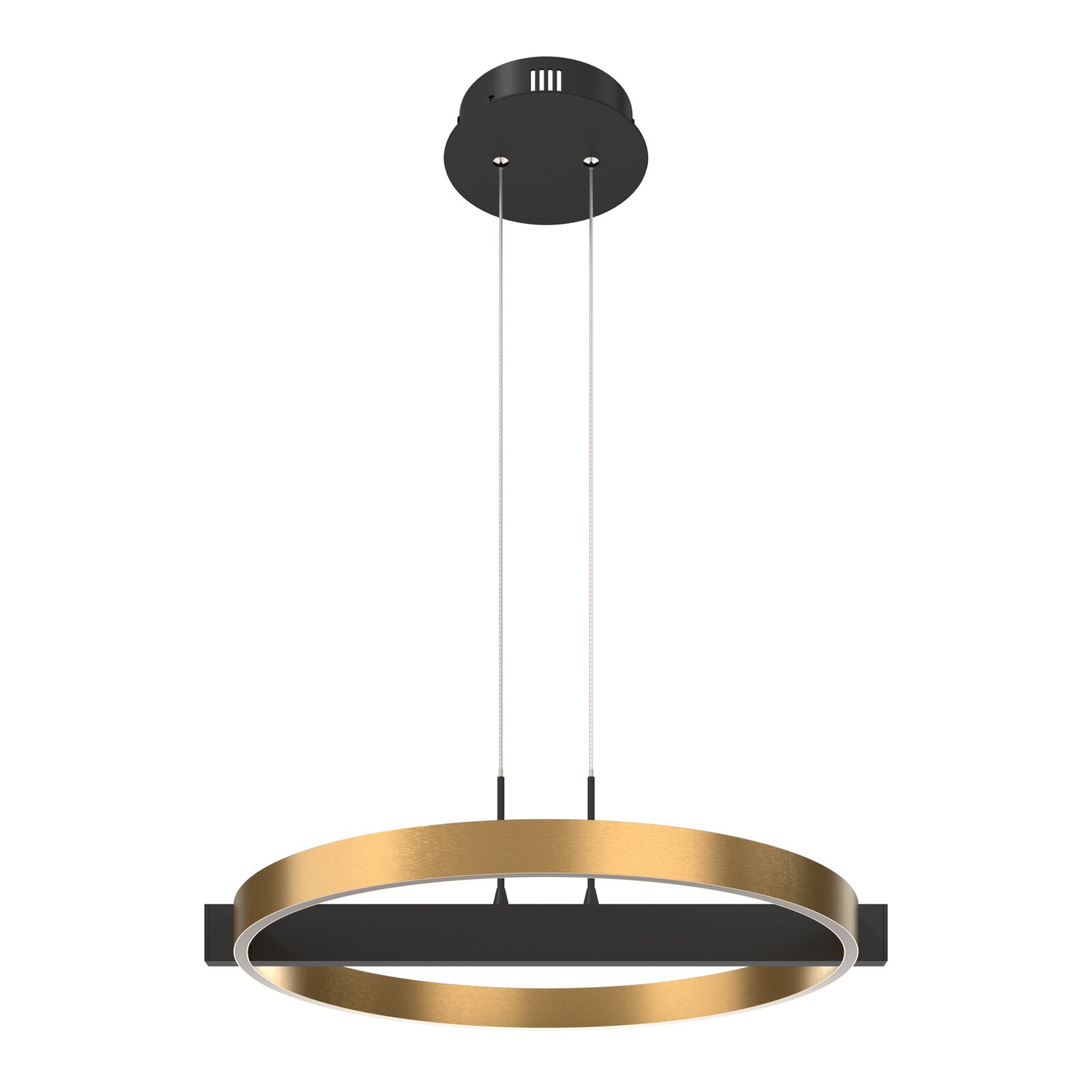 Moderne hanglamp met goudkleurige LED-ring, zwarte dwarsbalk en ronde plafondkap, frontaal van licht onderaf bekeken