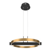 Moderne hanglamp met goudkleurige LED-ring, zwarte dwarsbalk en ronde plafondkap, frontaal van licht onderaf bekeken