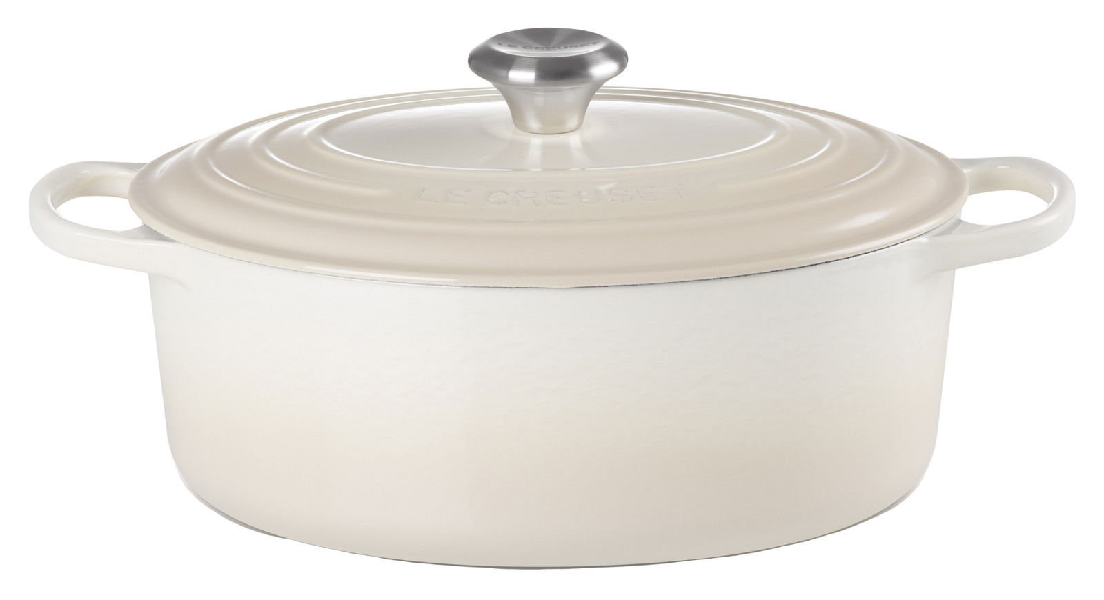 Weißer ovaler Bräter mit Deckel und zwei Griffen, seitliche Perspektive