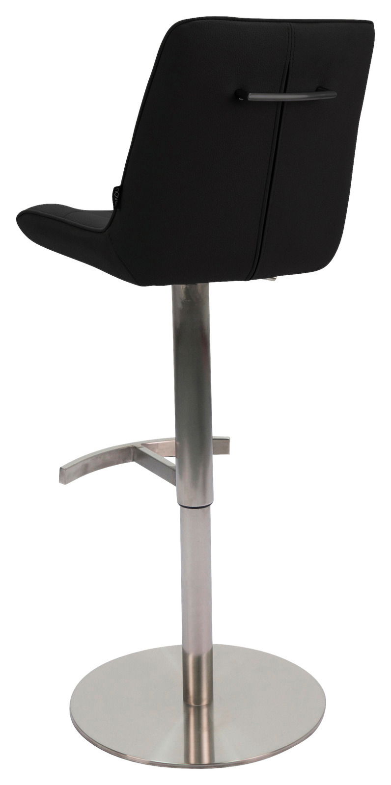 Rückansicht eines modernen Barhockers mit schwarzer Rückenlehne und silbernem Standfuß.