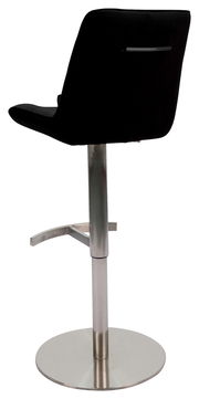Rückansicht eines modernen Barhockers mit schwarzer Rückenlehne und silbernem Standfuß.