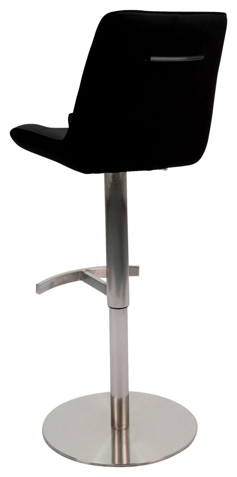 Rückansicht eines modernen Barhockers mit schwarzer Rückenlehne und silbernem Standfuß.
