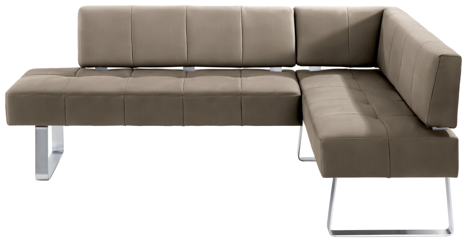 Moderano Eckbank LUPO II Moderne Eckbank in braunem Leder mit Metallbeinen, Perspektive von vorne links