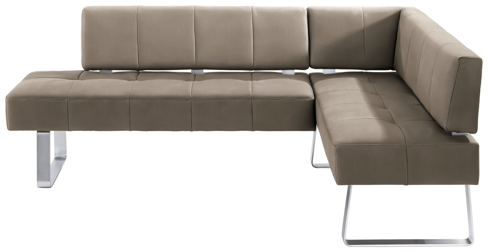 Moderne Eckbank in braunem Leder mit Metallbeinen, Perspektive von vorne links